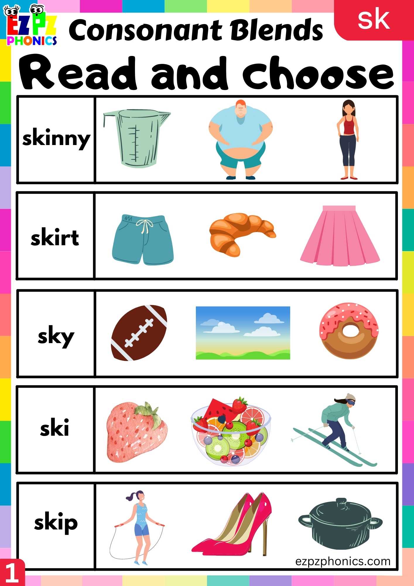 Group1 SK Words Read And Choose Phonics Consonant Blends Worksheet